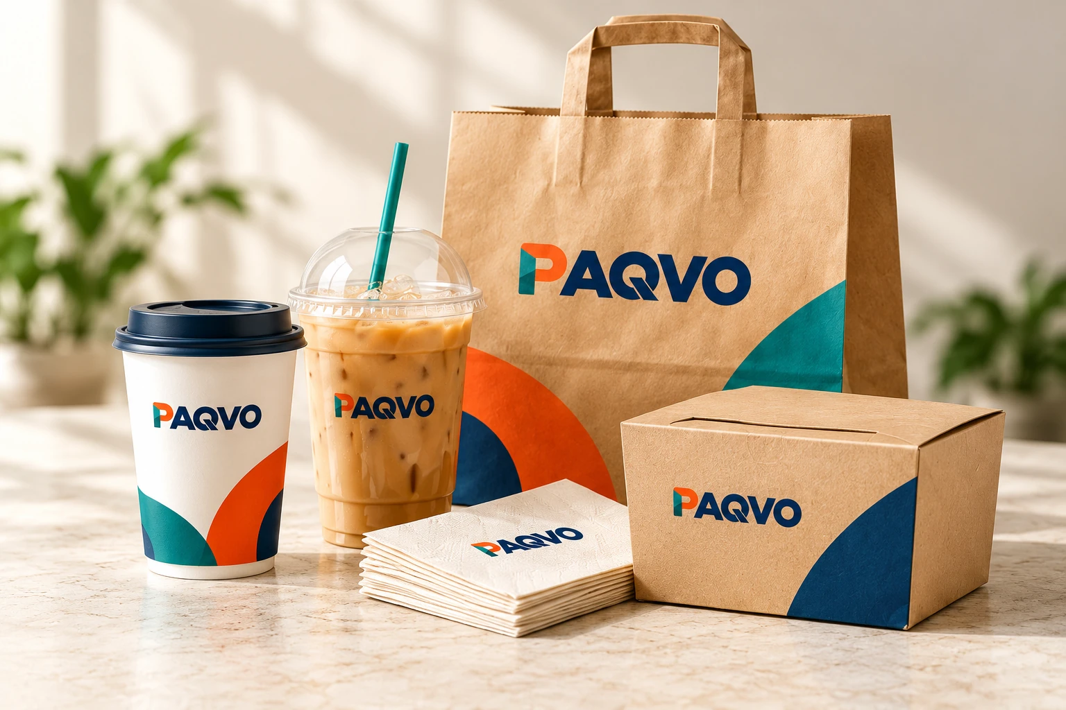PAQVO branded coffee cup, iced drink cup, kraft paper bag, napkins and food box