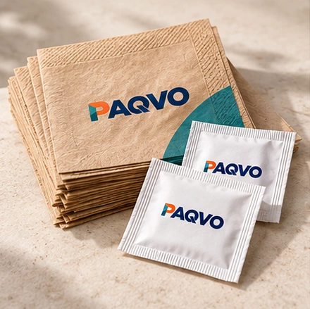 Stack of kraft napkins with individually wrapped wet wipes