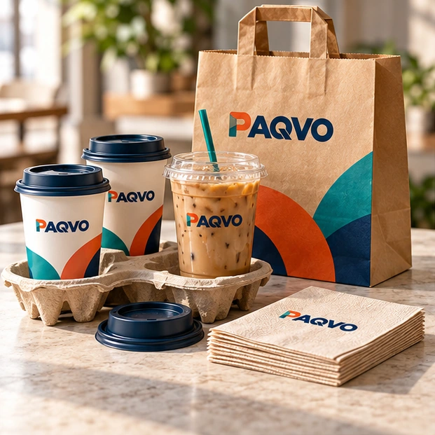 Coordinated café packaging set with hot cups, cold cups, bag and napkins