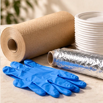 Kraft paper roll, foil, paper plates and blue disposable gloves