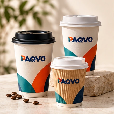Printed white and ripple-wall coffee cups with black and white lids