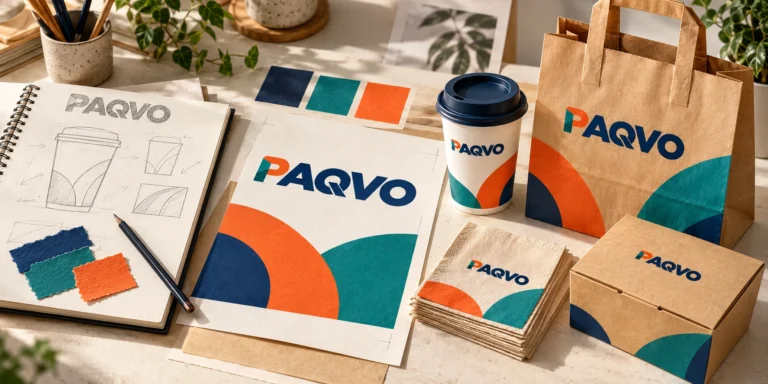 Packaging design sketches, colour swatches and finished branded packaging
