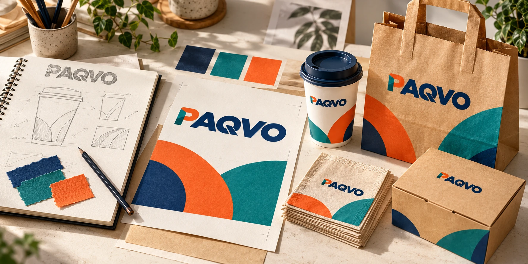 Packaging design sketches, colour swatches and finished branded packaging