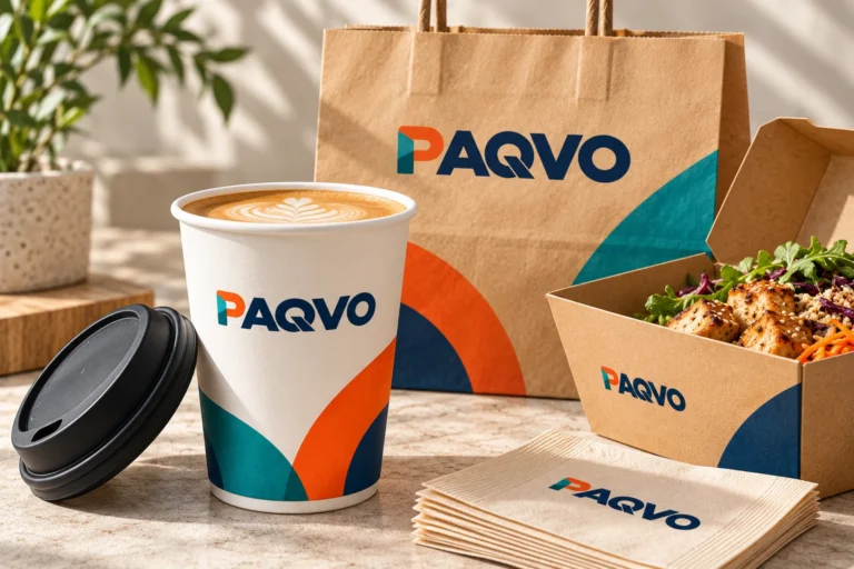 Printed coffee cup, kraft bag, food box and napkins showing print finish