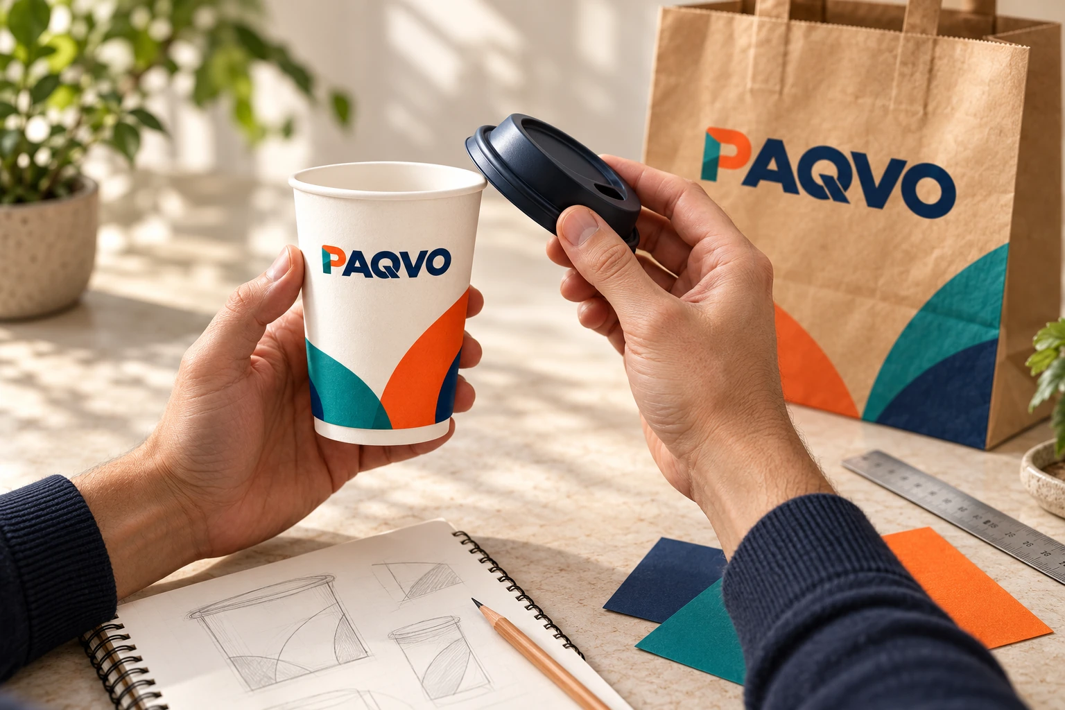 Hands checking the fit of a lid on a printed coffee cup