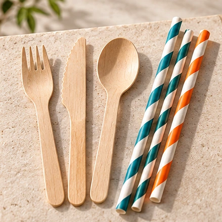 Wooden fork, knife and spoon with striped paper straws